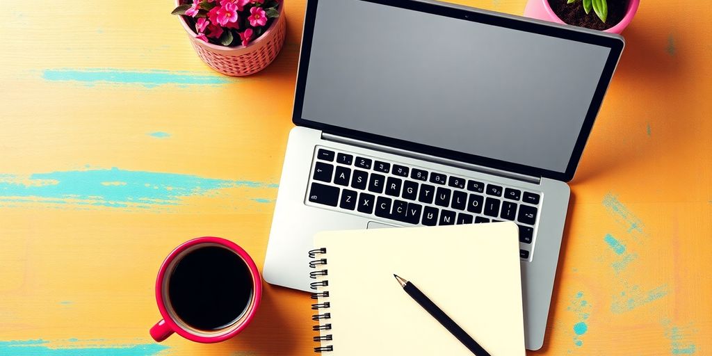 A workspace with a laptop and notepad for SEO writing.