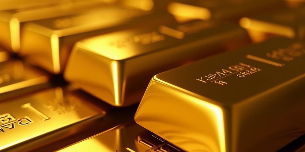Barres d'or empilées, reflet doré sous lumière douce.