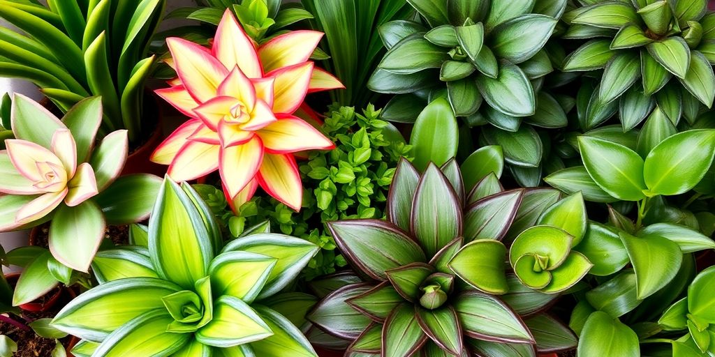 Lush green houseplants with striking architectural leaf shapes.