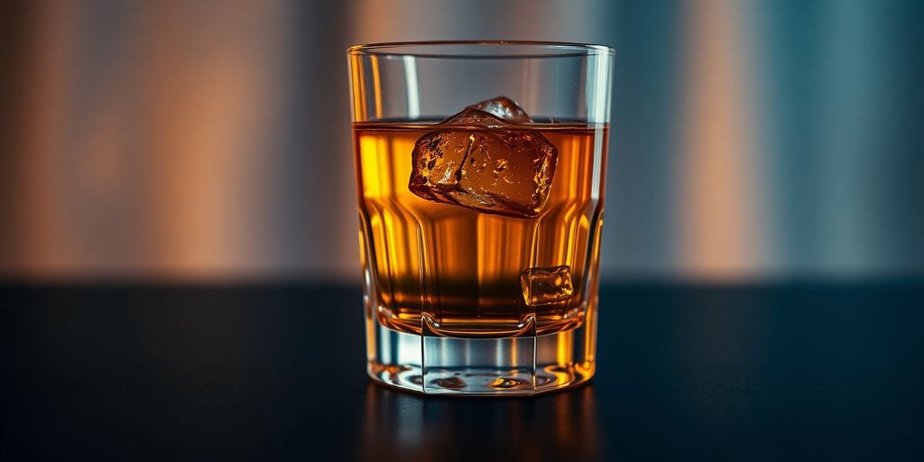 Glass of whiskey on a dark surface with ice.