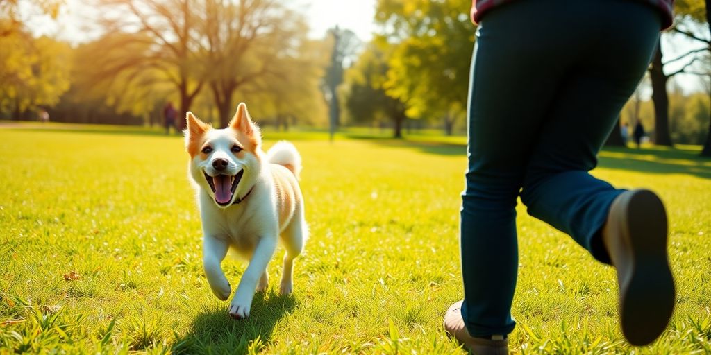 Dog running to owner in a sunny park.