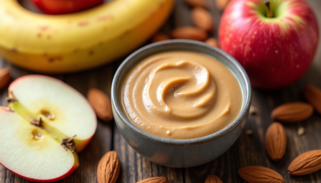 Almond butter with fresh fruits on a wooden table.