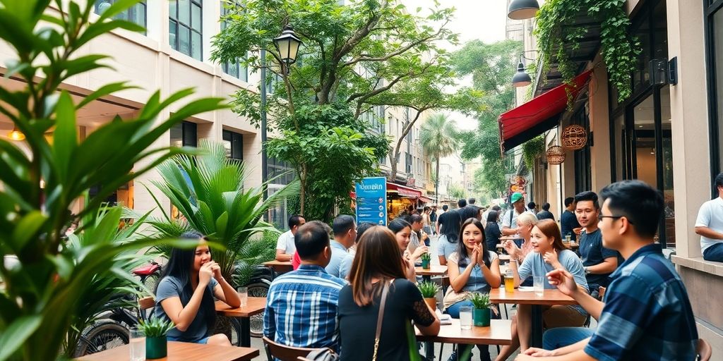 Young professionals socialising in a trendy Jakarta café.