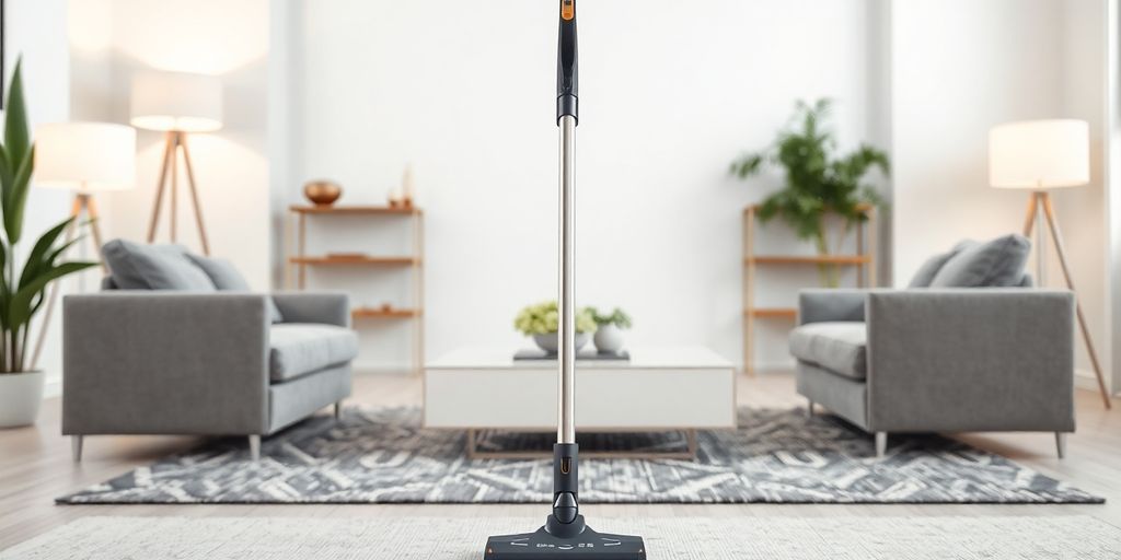Moderner Staubsauger in einem sauberen Wohnzimmer.