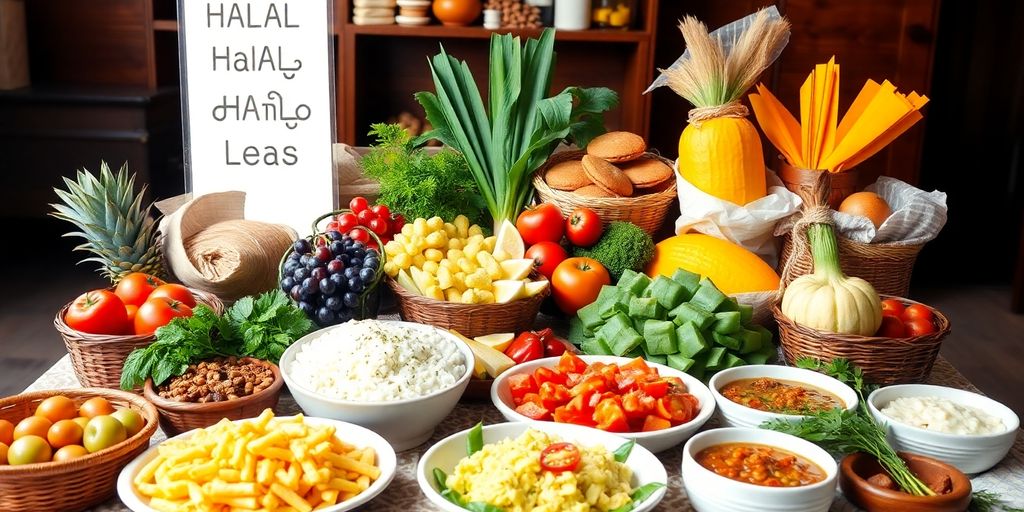 อาหารฮาลาลสดใหม่บนโต๊ะที่อบอุ่น