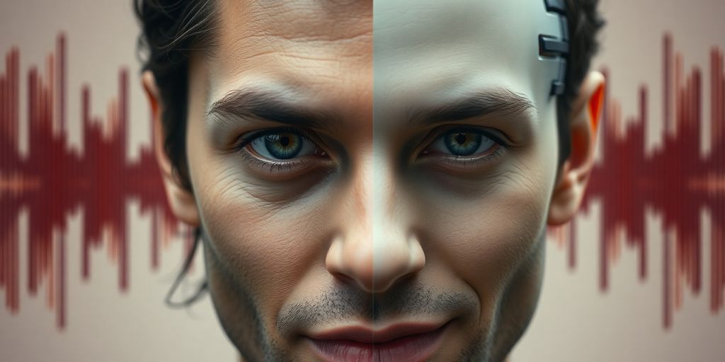 Human and robot faces with musical notes swirling between them.