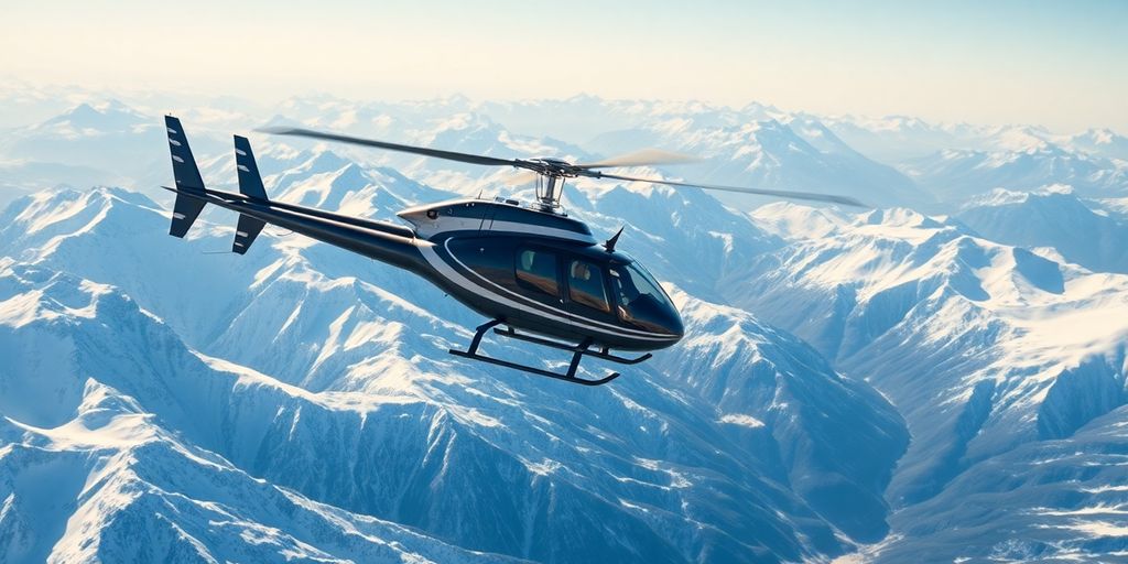 A helicopter flies over snow-covered Alaskan mountains.