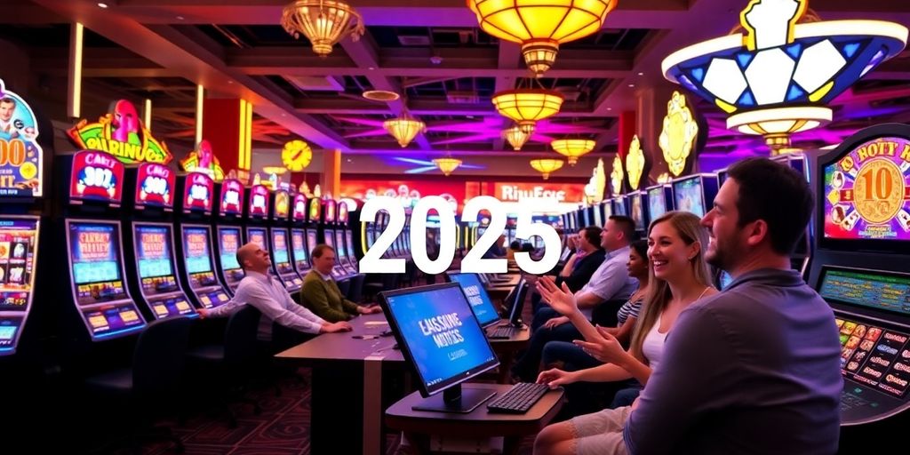 Scène de casino en ligne avec joueurs heureux.