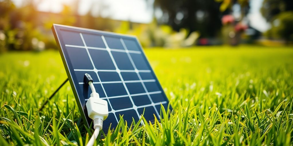 Compact solar panel, socket, verdant garden