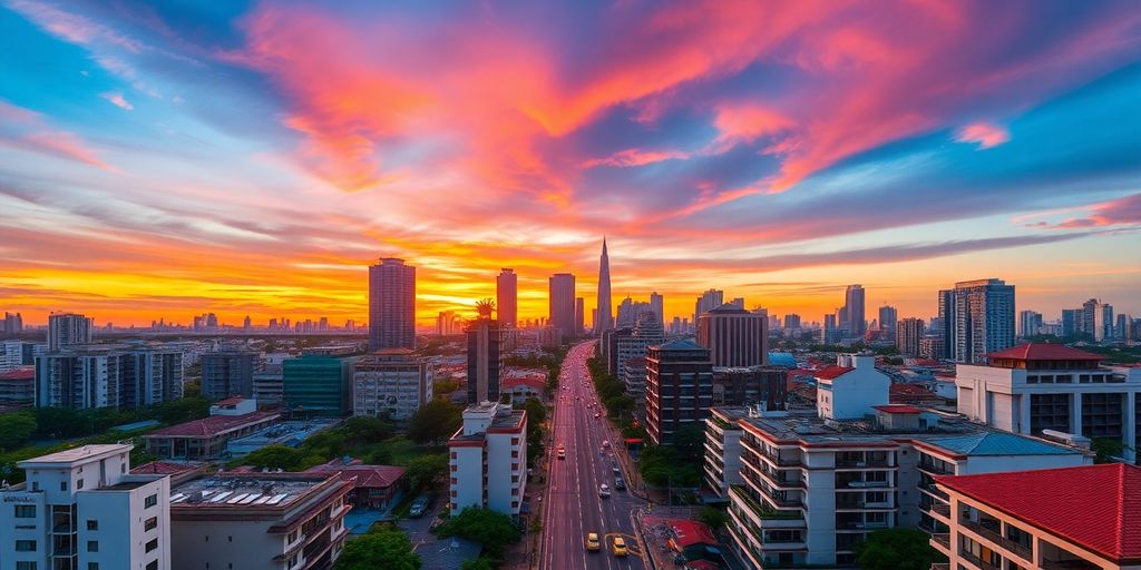 Jakarta skyline at sunset with modern buildings and streets.