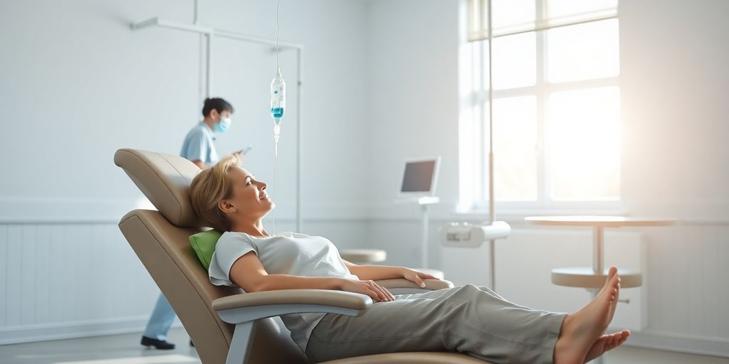 Woman receiving IV drip, relaxing comfortably.