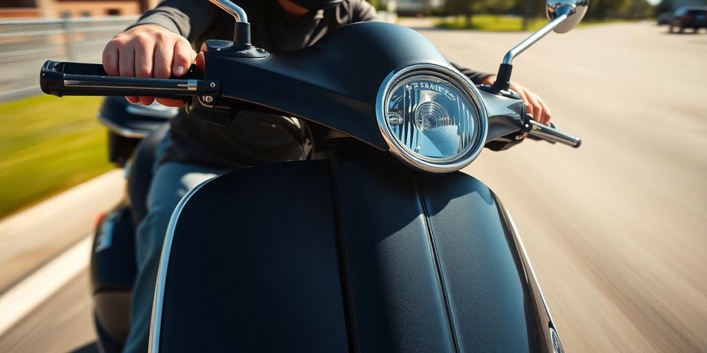 Scooter op de weg met rijder, zon