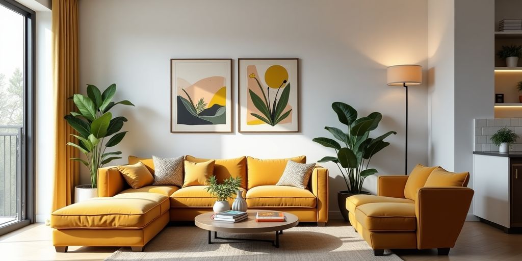 Modern living room with stylish decor and vibrant colors.