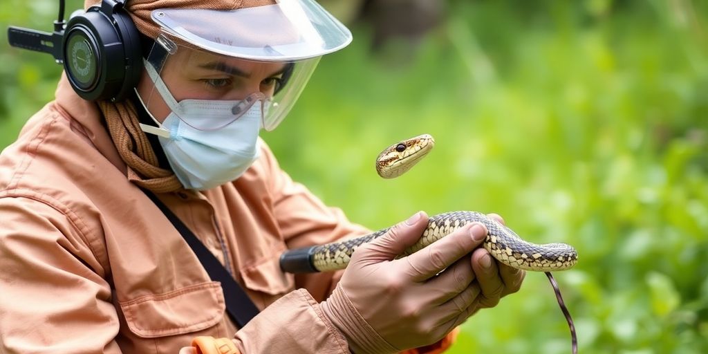 Profesional in echipament de protectie, deratizare serpi.