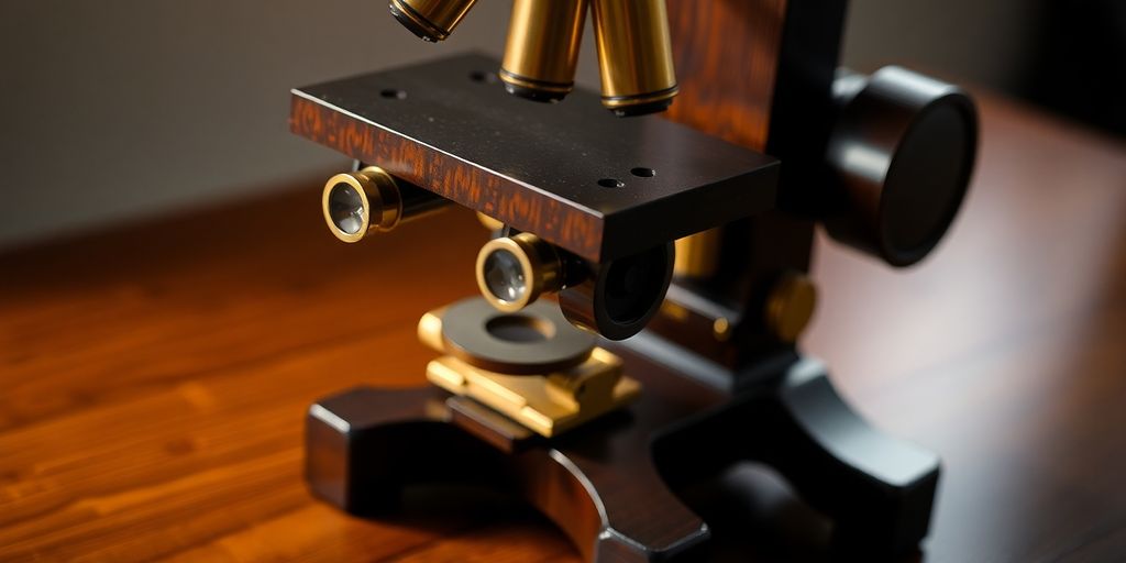 Early microscope on a wooden table, illuminated by soft light.