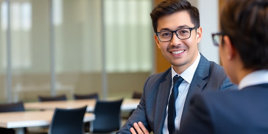 Candidato em entrevista de emprego com expressão confiante.