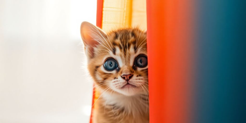 Curious kitten peeking from behind a colorful curtain.