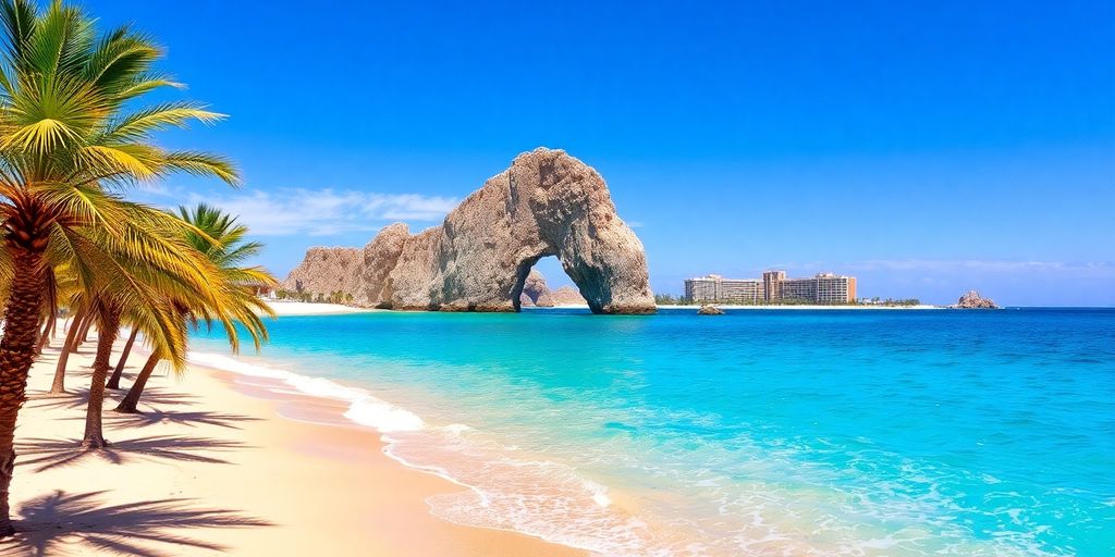 Los Cabos iconic El Arco, turquoise ocean, golden beach, luxury resorts.