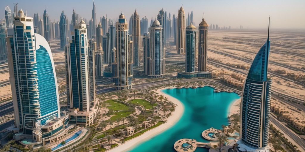 Dubai cityscape with mid-range hotels and palm trees.