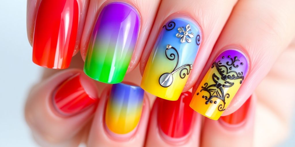 Colorful rainbow nails with glossy finishes and designs.