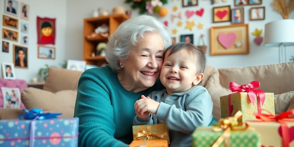 Grandmother and grandchild sharing joy with heartfelt gifts.