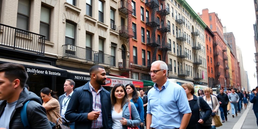 New York City street with renters and apartment buildings.