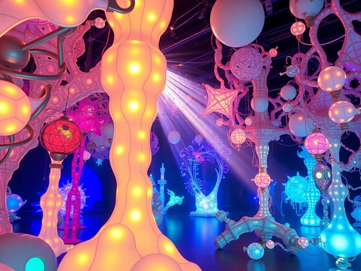 Oameni admirând o instalație de artă luminoasă futuristă.