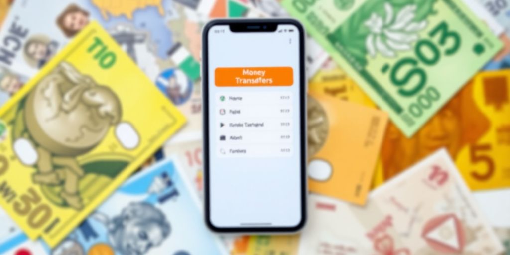 Smartphone with money transfer app and international currency notes.