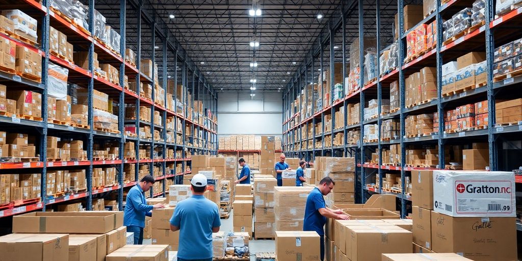 Workers packing boxes in a busy warehouse setting.