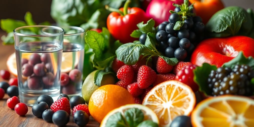 Fresh fruits, vegetables, and a glass of water.