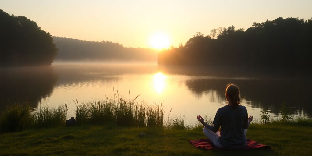 A person meditating by a calm lake at sunrise.