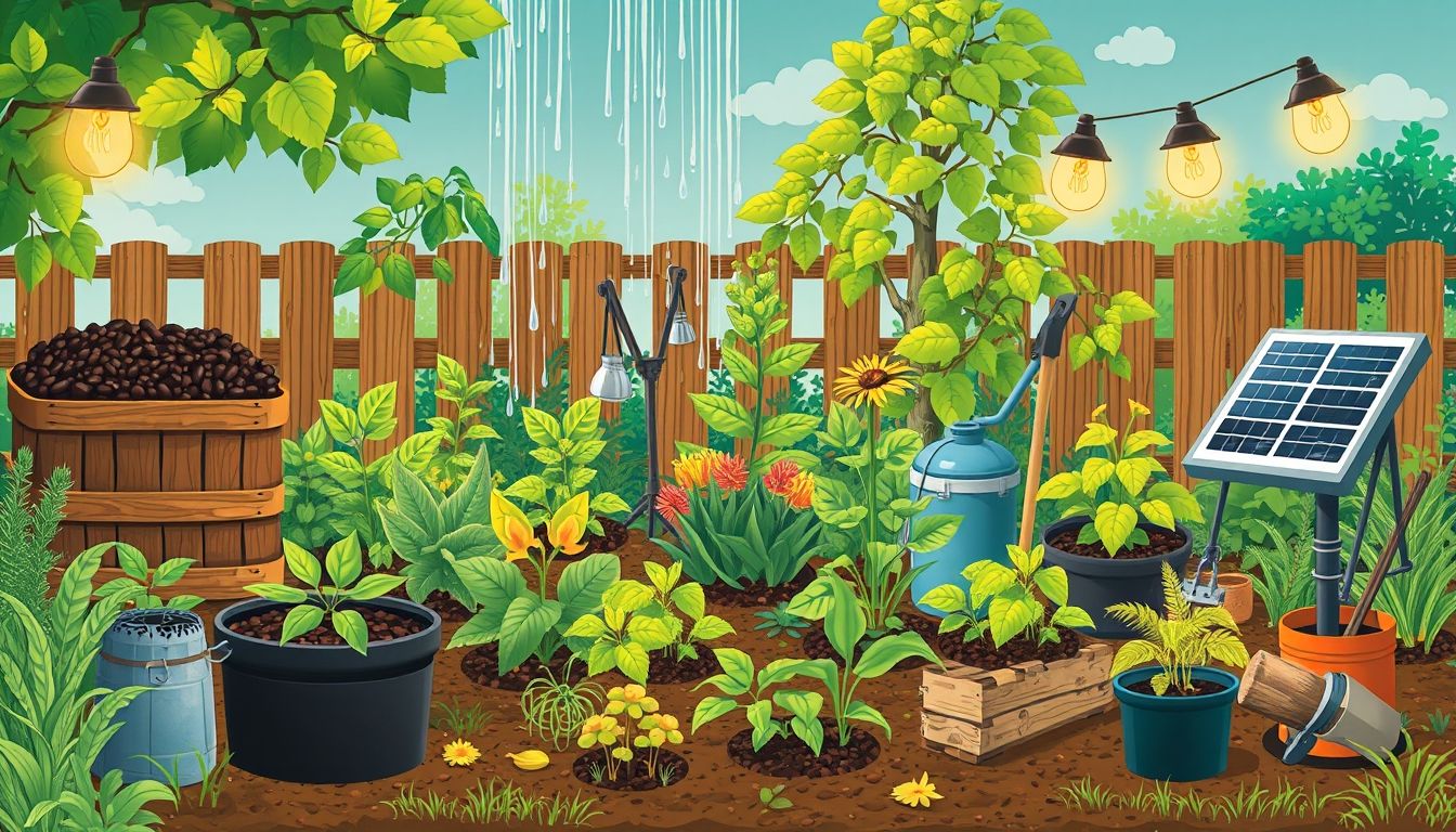 Illustrative sustainable garden with compost, rainwater, and solar lights.