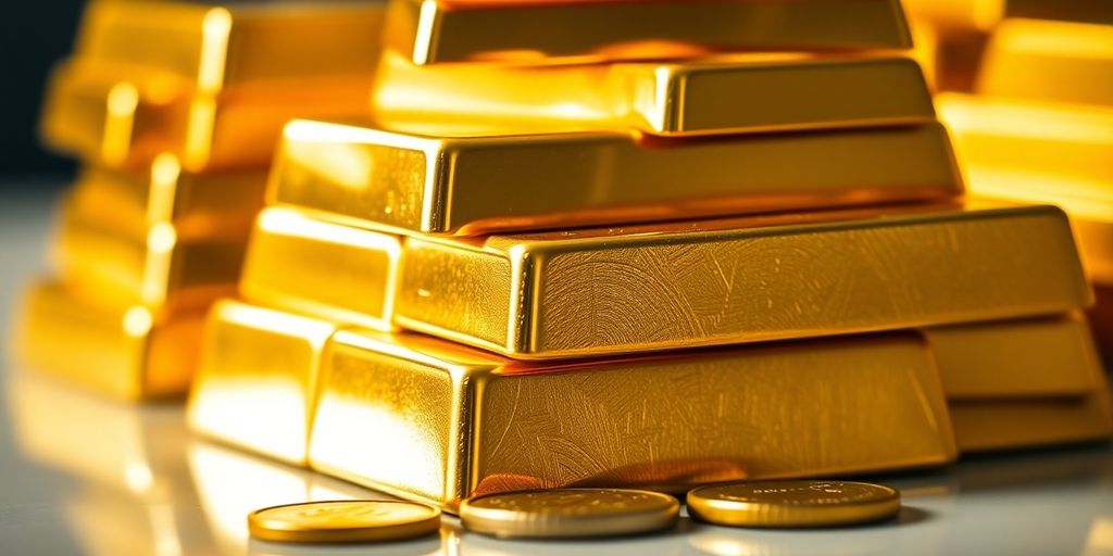 Barres d'or empilées avec des pièces sur le côté.