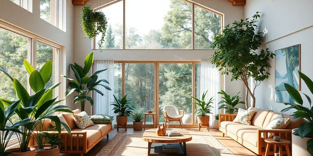 Cozy living room with plants and natural light.