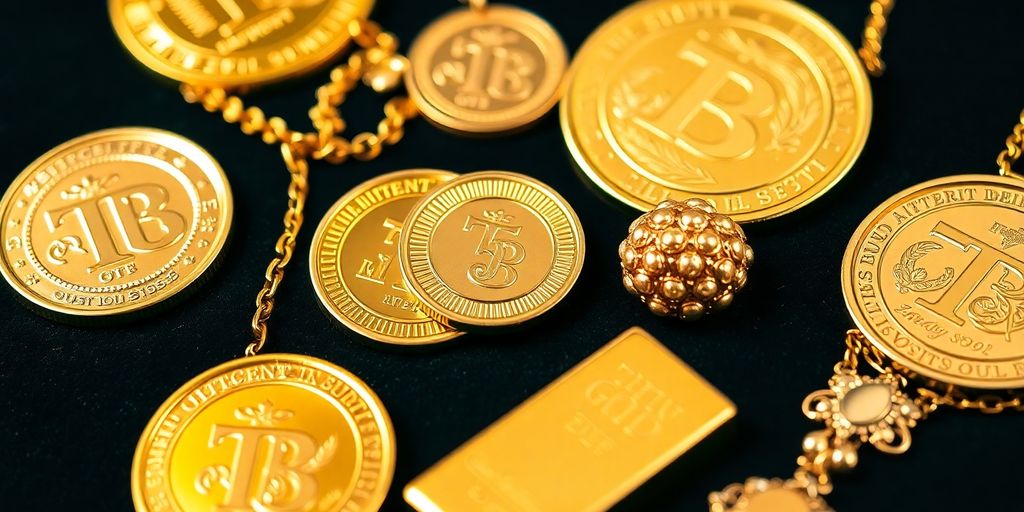 Différents formats d'or : pièces, lingots et bijoux.