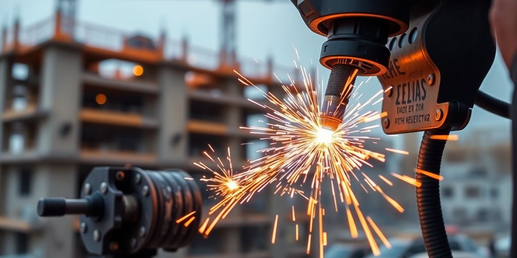 Close-up of mesh welding equipment with flying sparks.