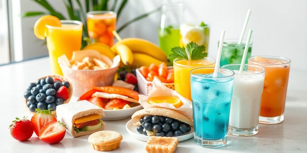 ของว่างและเครื่องดื่มหลากหลายสำหรับจัดเบรค