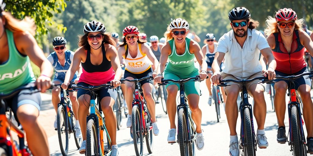 Cyclists of various ages and genders performing.