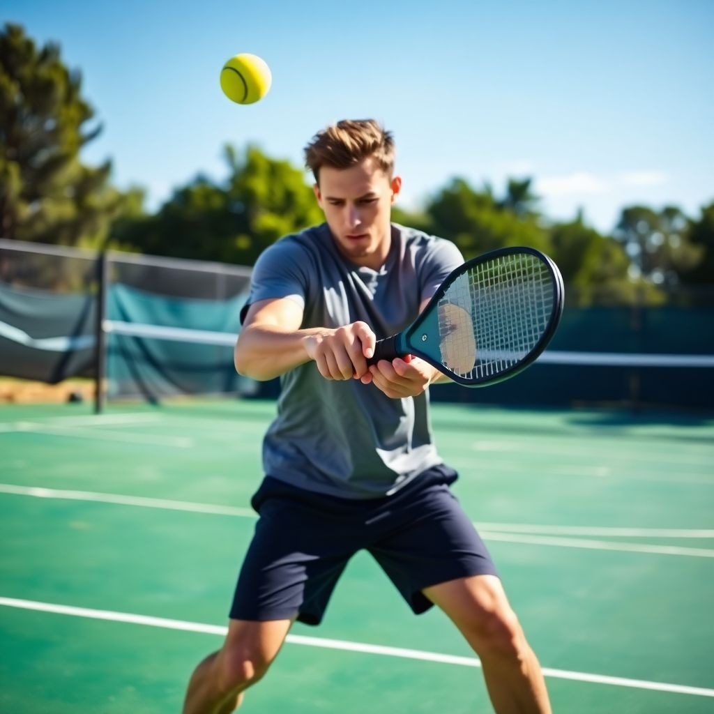 Player hitting pickleball, mid-swing, outdoor court.