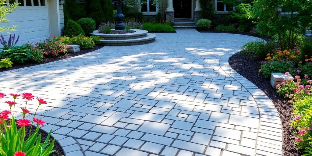 Close-up of a stylish paver driveway with greenery.