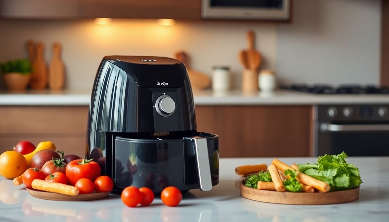Low-energy air fryer on a kitchen countertop with vegetables.
