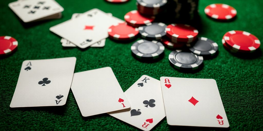 Poker chips and cards on green felt close-up.
