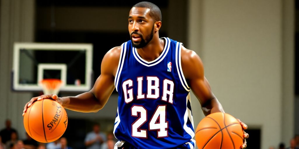 Gilbert Arenas in NBA jersey holding a basketball.