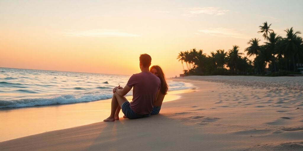 Couple relaxing on a tropical beach at sunset.