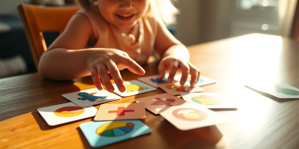 Child uses kindergarten learning cards on sunlit table.