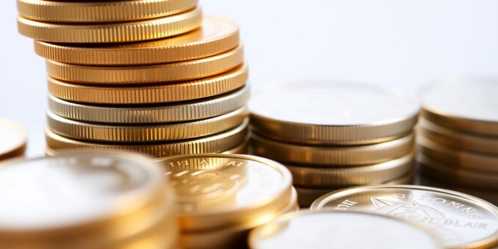 Close-up of gold and silver coins on display.