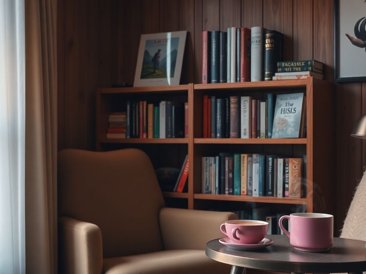 Cozy reading nook with books and tea.