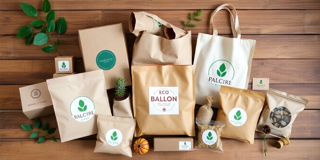 Eco-friendly packaging options on a wooden surface display.