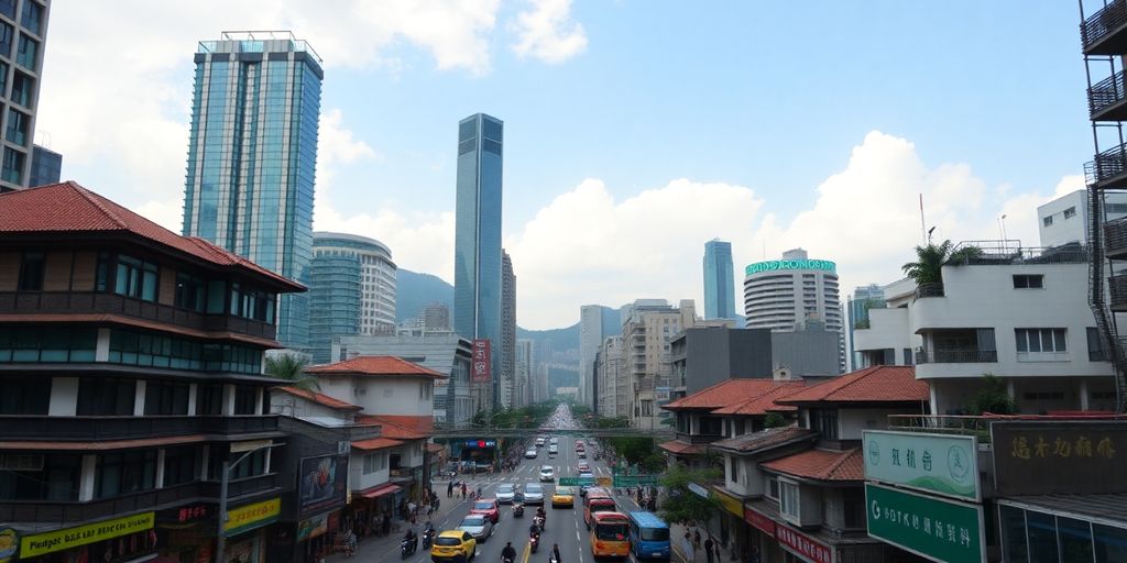Hong Kong cityscape with skyscrapers and busy streets.