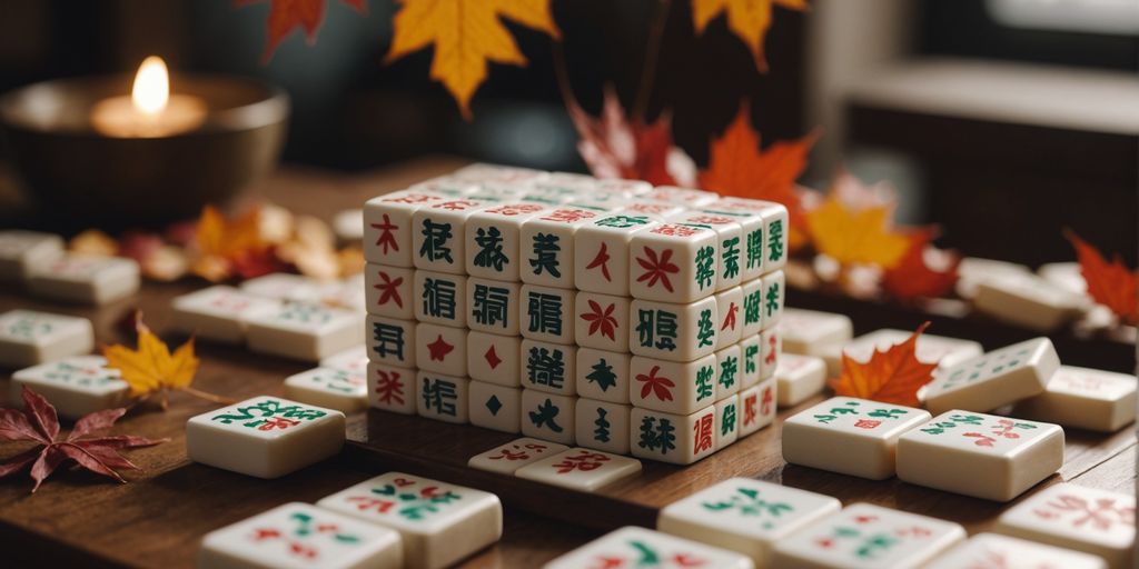 Mahjong tiles with autumn leaves and cozy setting.